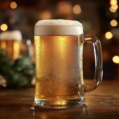 Beer Mugs on a Wooden Pub Table with Foam and Bubbles