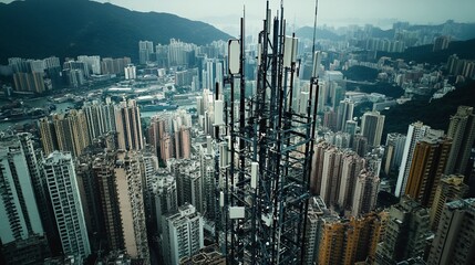 Naklejka premium High angle view of a 5G cell tower against the backdrop of Hong Kong city
