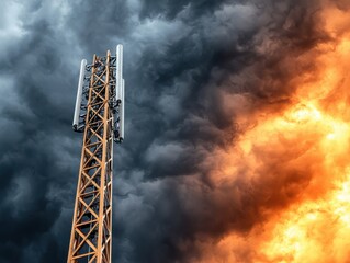 Tall Metal Cell Tower Against Dramatic Swirling Clouds of Dark Grey and Fiery Orange in a Stark and Striking Sky Scene