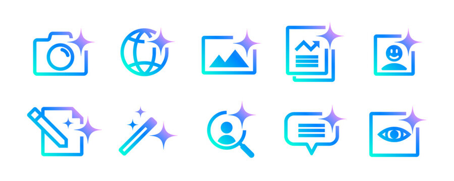 AI assistant tool icons and app buttons vector set for search, photo camera and chatboat. AI image generator and face recognition of copywriter magic wand tool icons