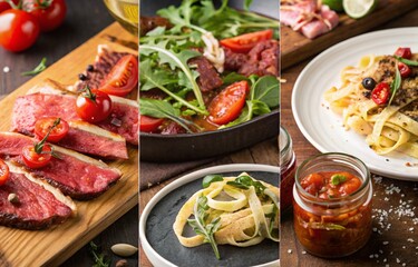 Variety of Appetizing Dishes Assorted Appetizing Dishes Featuring Bread, Pasta, Cherry Tomatoes, Arugula, and Cured Meats for a Delightful Meal Spread