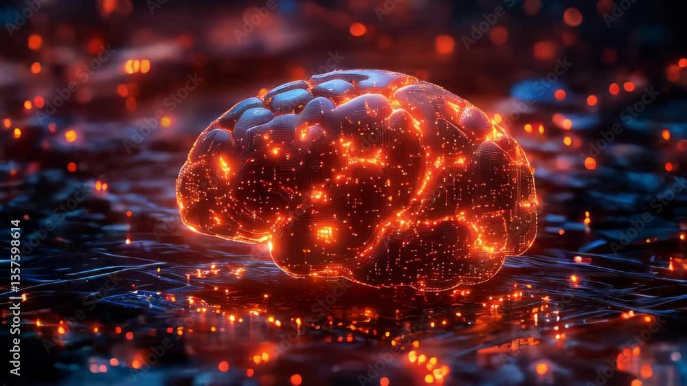 Poster a stylized image of a human brain, made in the form of an electronic circuit. the brain consists of 