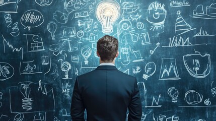 Businessman facing a chalkboard full of ideas, innovation, and creativity, searching for solutions and inspiration for his future projects, business development, and strategic planning