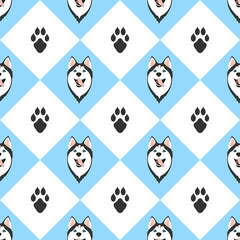 Husky, dog face on white and blue background. Seamless animal geometric pattern, print. Vector illustration