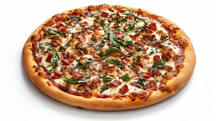 Delicious Pizza with Basil, Chicken, Bacon and Pepperoni on White Background
