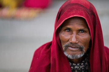 A man wearing a red scarf and a turban