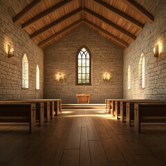 Fototapeta premium Simple Stone Chapel with Wooden Floor and Natural Light