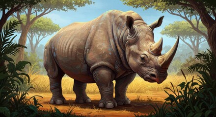 Fototapeta premium A majestic rhinoceros stands prominently within its natural habitat