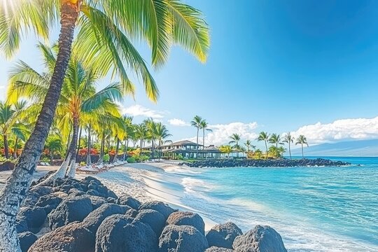 Idyllic tropical beach scene with palm trees, white sand, turquoise water, and volcanic rock formations