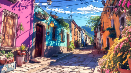 Colorful colonial houses lining a picturesque cobblestone street in a charming mexican town