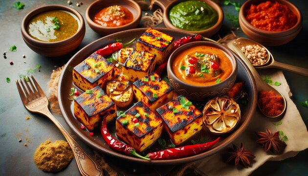 Indian Paneer Passion &ndash; Grilled paneer spicy masala sauce chut