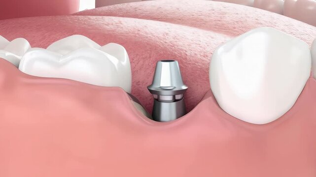 Medical visualization rendering precise 3D stages of dental implant procedure, highlighting surgical steps for tooth replacement with detailed anatomical accuracy