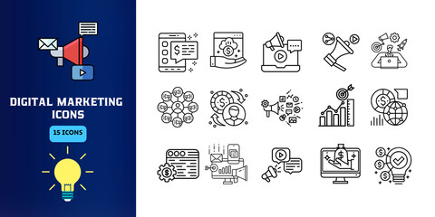 Digital Marketing Icons Concept Design on Blue and White Background Illustration Vector. Professional Digital Marketing Icon Set Banner. Technology, Business, Success, Management, Development, Sign