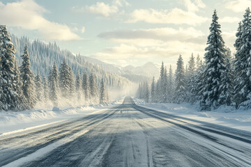 Snowy road with trees in the background. The road is empty and the sky is cloudy