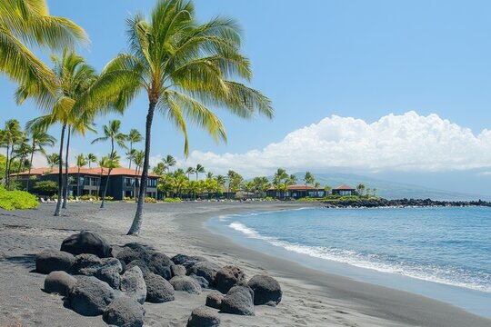 Black sand beach, palm trees, ocean view, luxury resort