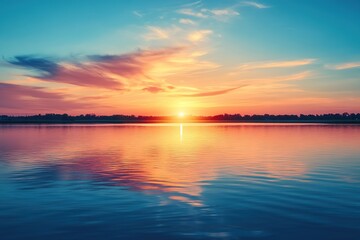 Obraz premium Evening sky displays warm hues of orange and pink reflecting on serene water at sunset