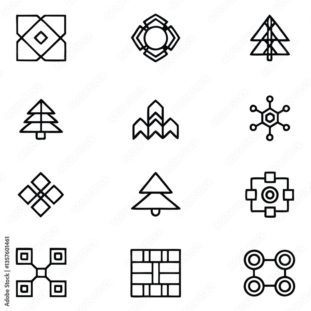 Poster geometric icons set – abstract tree, network, grid, hexagon, square and tech line art vector for ui 