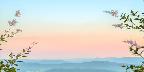 Fototapeta premium Delicate flowering branches framing pastel-colored mountain landscape at sunrise with soft gradients in the sky