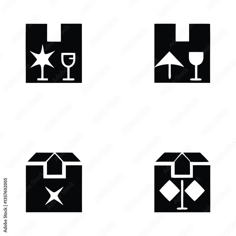 Poster fragile package handling icons – black vector set with glass, caution, keep dry symbols for shipping