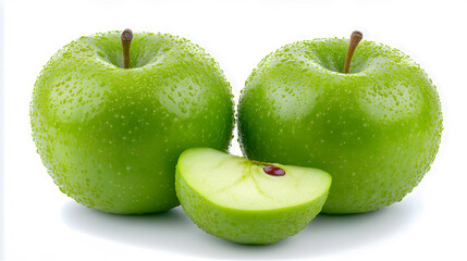 Two whole green apples and a slice resting on white background