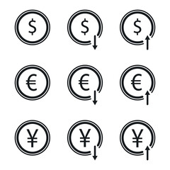 Money icon set. Euro, dollar, yen