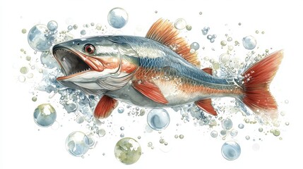 Beautiful pastel blue and red fish jumping out of water amid bubbles in a stunning watercolor-style illustration art piece