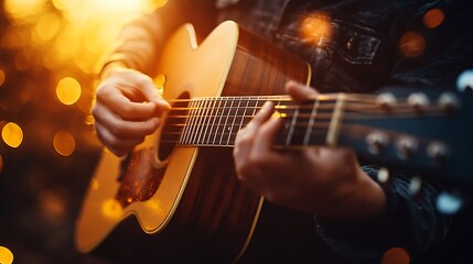 Obraz premium A musician plays an acoustic guitar outdoors at sunset