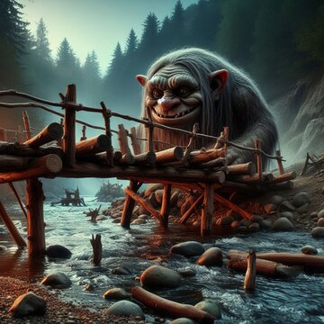 A rickety bridge over a river guarded by a mischievous troll