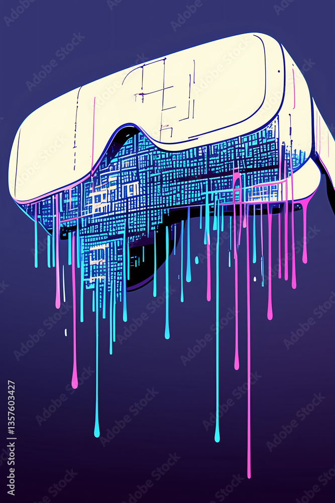 Poster vr goggles: a conceptual art piece featuring a vr headset with dripping digital data against a futur