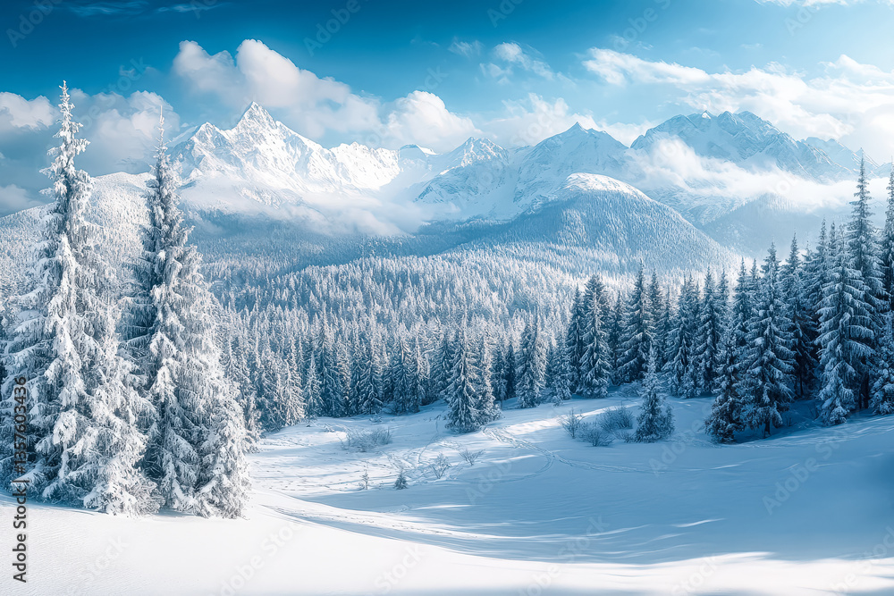 Poster snowy landscape with a mountain range in the background. the trees are bare and covered in snow. the