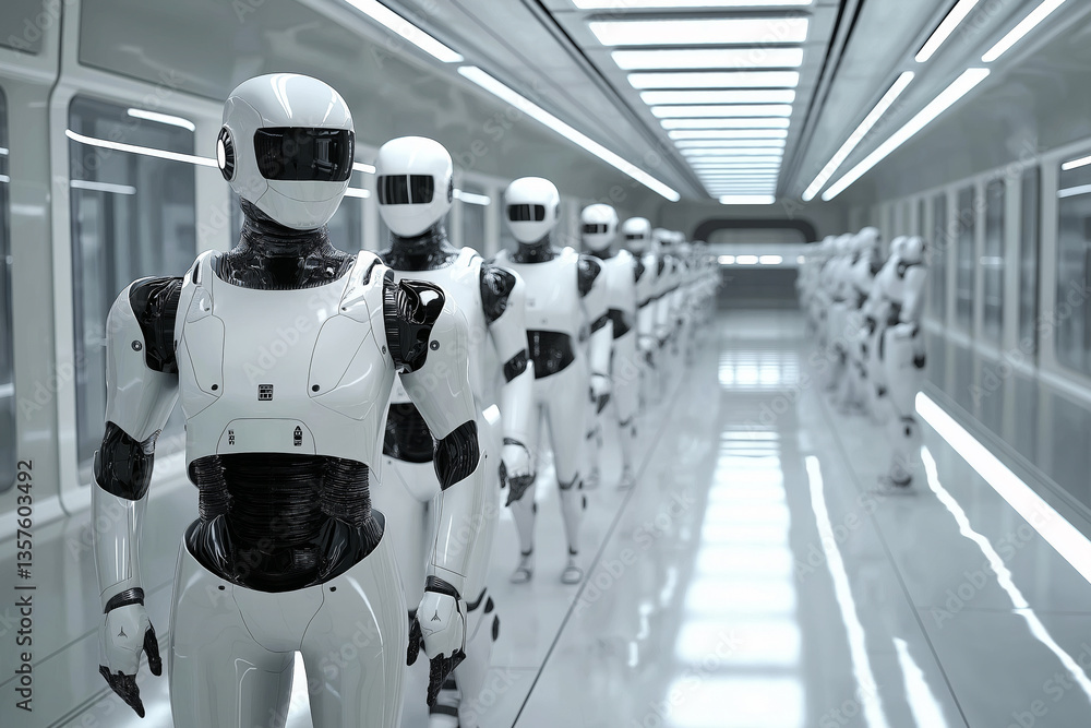 Poster ai-driven robots working collaboratively in a clean, futuristic factory setting.