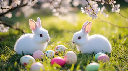 Fototapeta premium Easter celebration with adorable bunnies and colorful eggs spring garden photography sunny day whimsical theme
