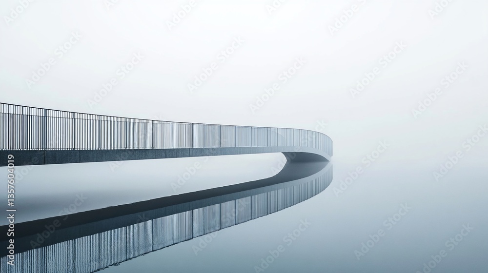 Poster minimalist curved bridge disappearing into the mist with reflection