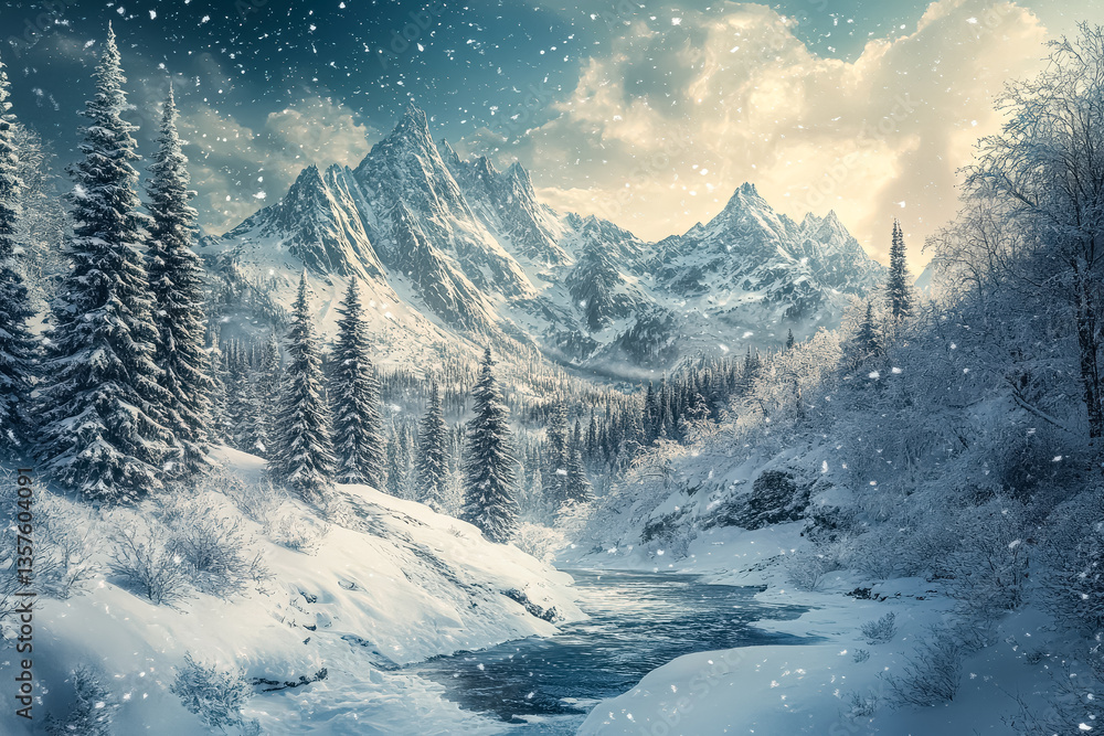 Aufkleber snowy mountain range with a river running through it. the scene is peaceful and serene, with the sno
