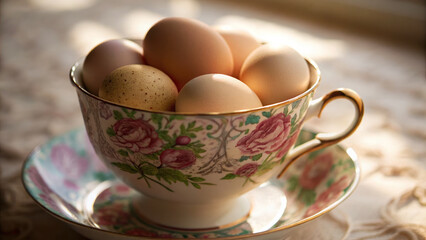 beautiful vintage cup filled with eggs symbolizes family gatherings during Easter celebrations