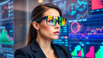 Businesswoman Receiving Real-Time Data via AR Smart Glasses