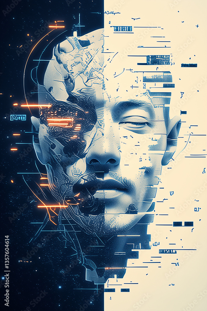 Poster mind's digital divide: a striking visual dichotomy showcasing a human face split between organic and