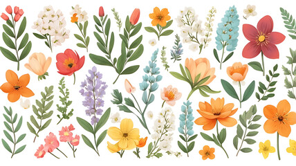 Obraz premium Collection of spring colorful flower elements vector. Set floral of wildflower, leaf branch, foliage on white background. Hand drawn blossom illustration for decor, easter, sticker, clipart, print.