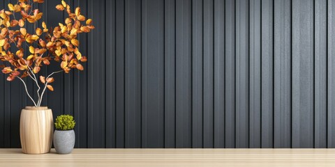 Decorative plants against a paneled dark blue wall background