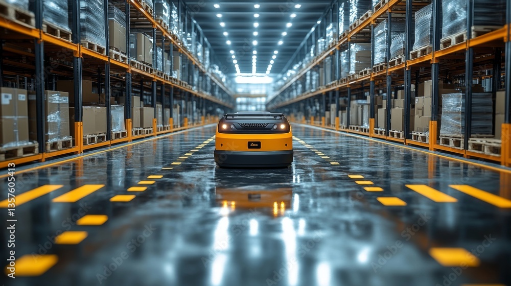Leinwandbilder A robotic vehicle is moving through a well arranged warehouse featuring rows of shelves stocked with boxes. Bright lights illuminate the space, enhancing clarity of the inventory setup.