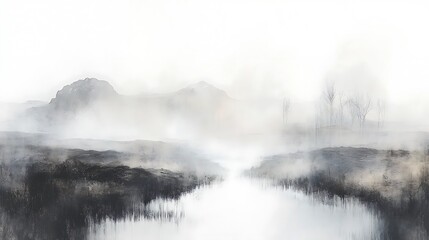 Fototapeta premium Misty landscape with calm river and hills.