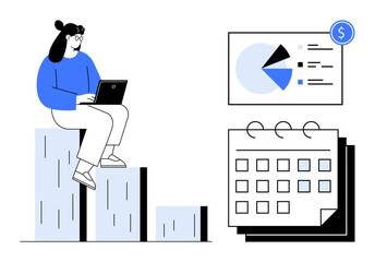 Woman on bar chart with laptop, beside data chart and calendar. Ideal for finance, planning, strategy, analytics, organization, time management business growth. Flat simple metaphor