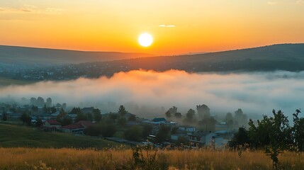 Obraz premium Sunrise over Misty Valley Town