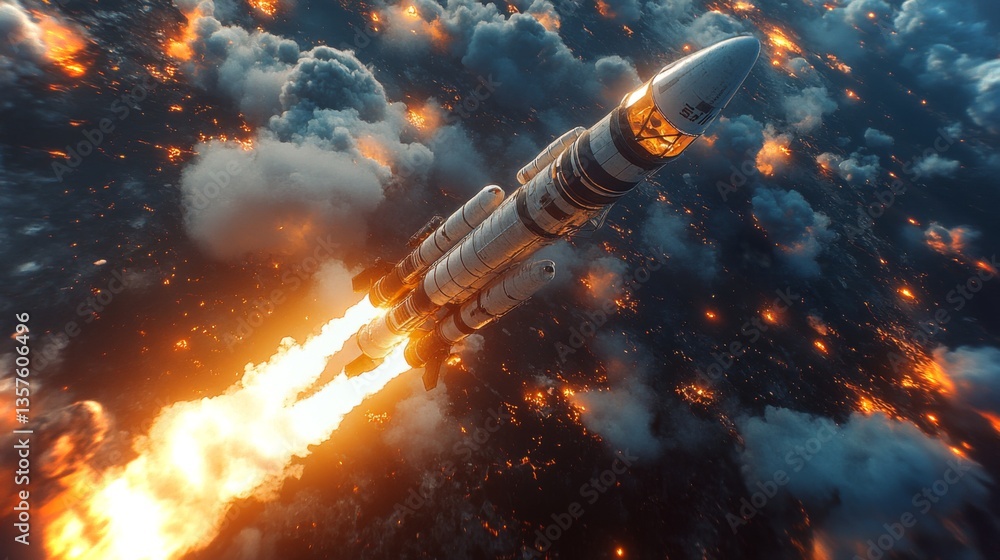 Poster the rocket ascends into the sky, producing a fierce blaze as it launches from the ground. smoke and 