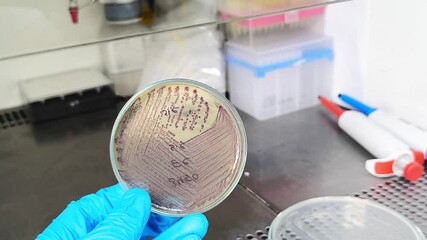 Footage with scientist hand holding petri dish with colony of Escherichia coli (E. coli) 