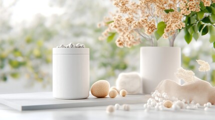 Elegant, minimalist, natural skincare display.  Cylindrical container, small stones, and pearls create a tranquil aesthetic