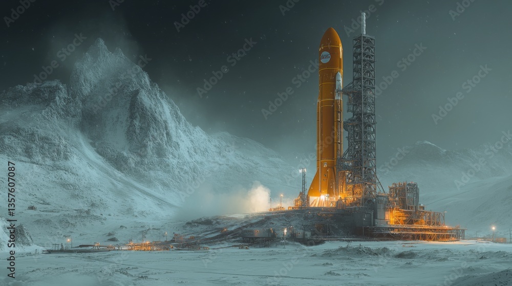 Poster a rocket stands tall on the launch pad in a frozen lunar environment, illuminated by bright lights a