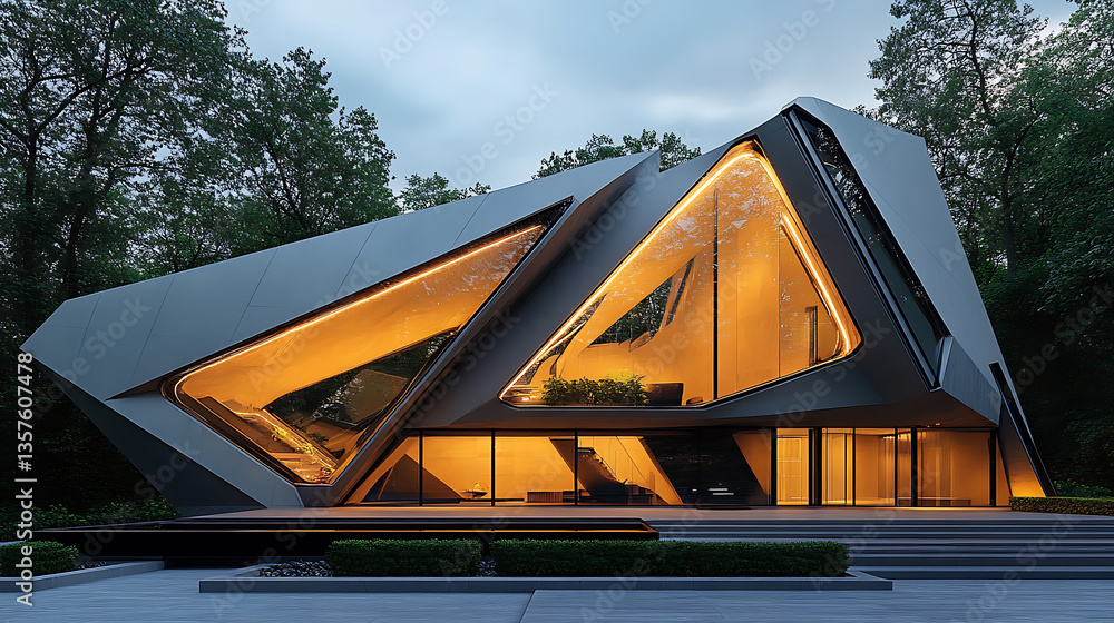 Poster modern architectural design showcases striking house with angular shapes and large glass windows, il
