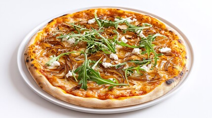 Delicious gourmet pizza with caramelized onions, goat cheese, and arugula