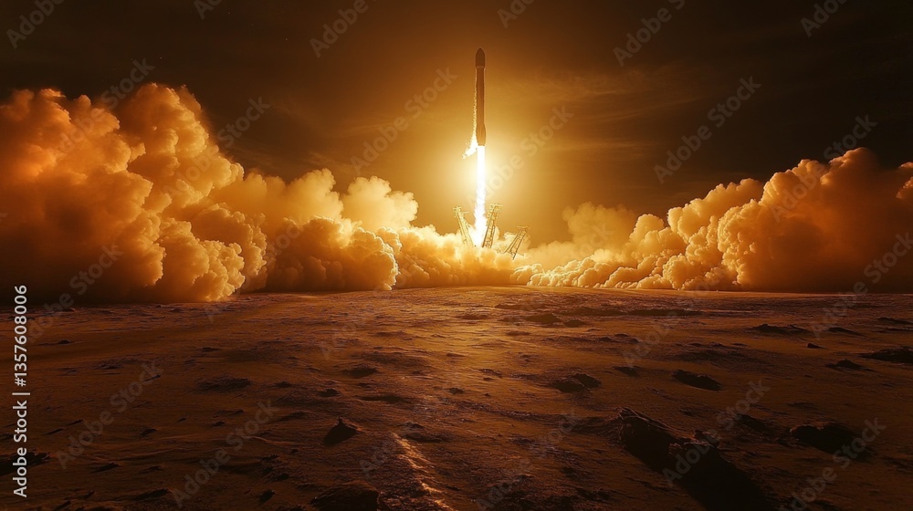 Poster explosive power drives the rocket skyward, surrounded by plumes of smoke and fire beneath a dimly li